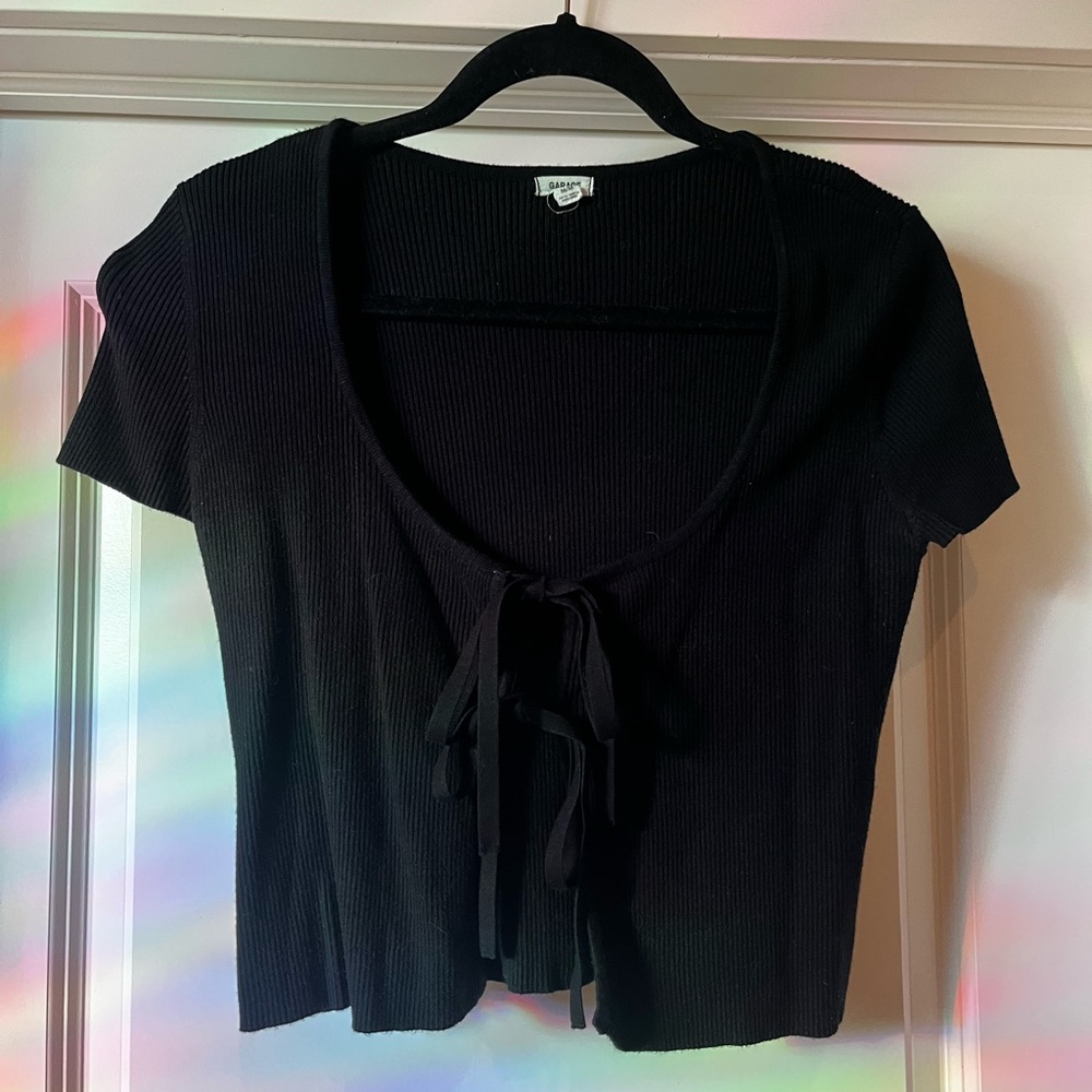 Garage Black Ribbed Tie-Front Crop Top